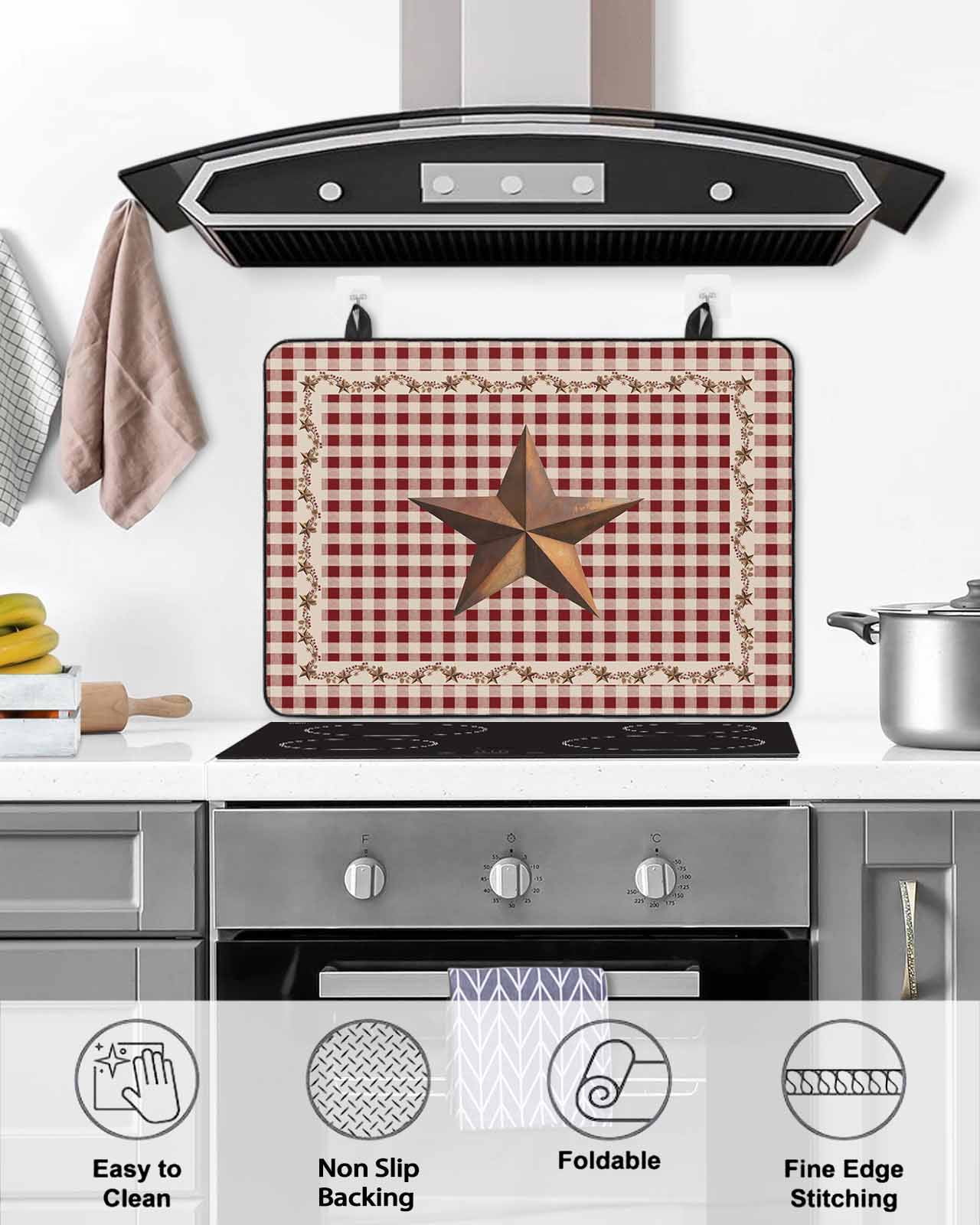 Large Induction Cooktop Protector Mat Brown Western Texas Star Vintage Stove Top Covers for Electric Stove, Rustic Farmhouse Red Plaid Decorative Stove Burner Cover Mats, Glass Top Stove Cover