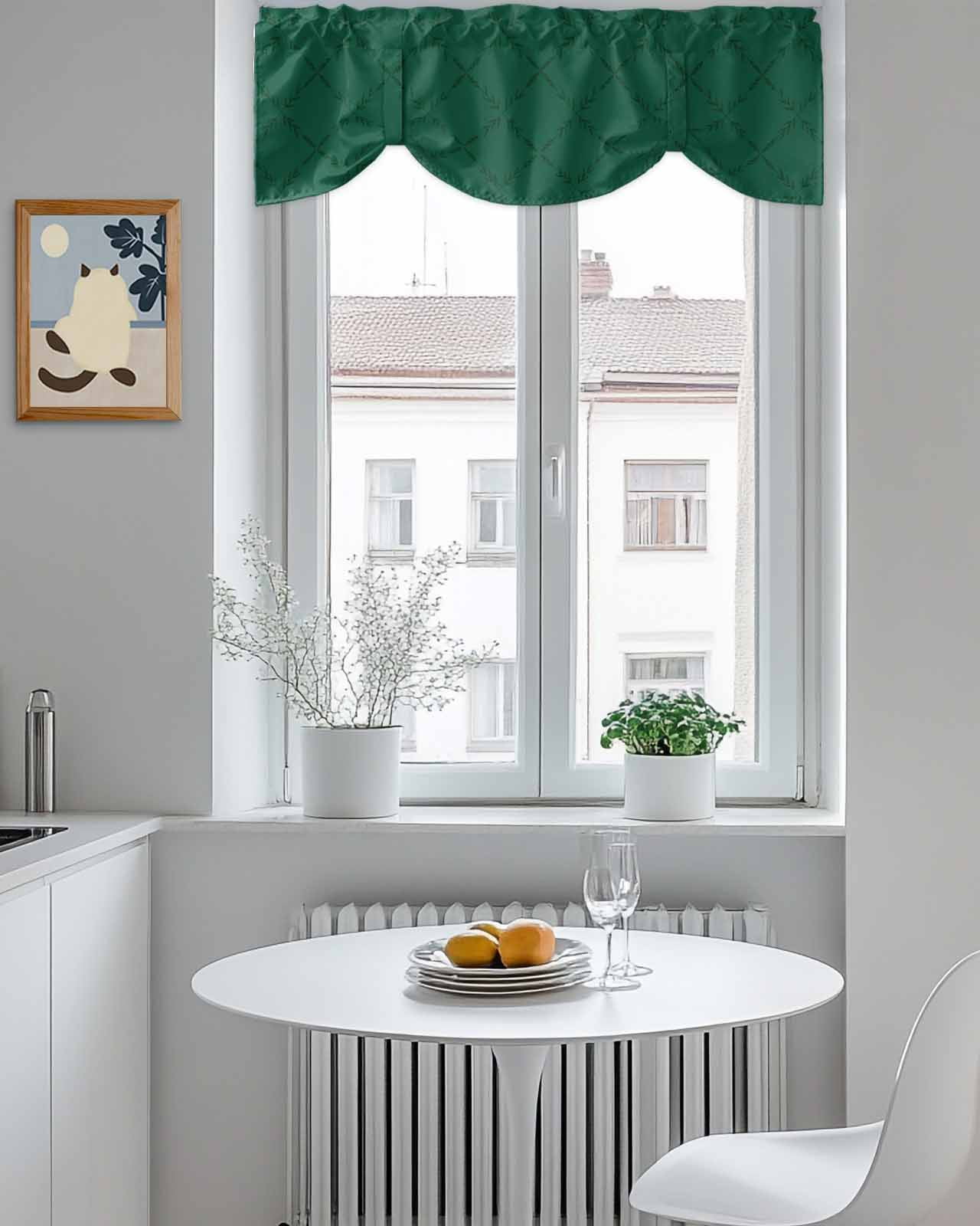 Green Rhombus Tie Up Valances Curtain, Adjustable Kitchen Modern Green Plaid Abstract Geometric Diamond Lattice Valances for Windows Decor, Rod Pocket Short Curtains Set for Bedroom/Bathroom, 54"x18"
