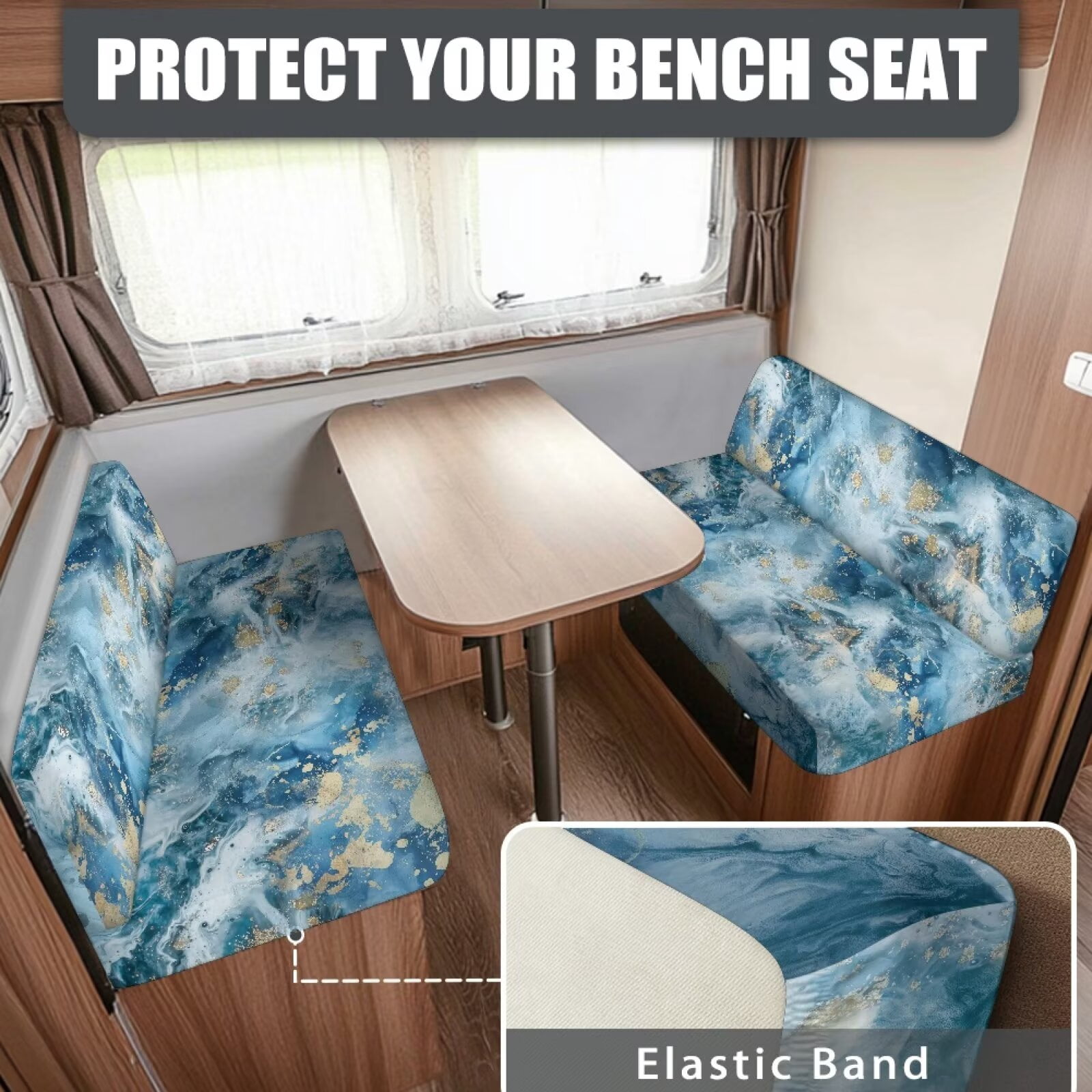 XYZCANDO Blue Marble Print RV Dinette Cushions Washable Camper Decor Stretchable Bench Seat Cover Universal Couch Cover 2 Cushion Sofa Comfortable Slip Covers for Loveseat Blue