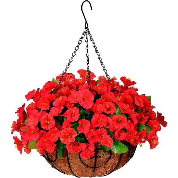Artificial Hanging Plants Flowers Basket,Faux Silk Morning Glory Arrangement in inch Planter Flowerpot,Fake Hanging Flowers for Patio Garden Porch Deck Outdoor Spring Decor(Rose red)