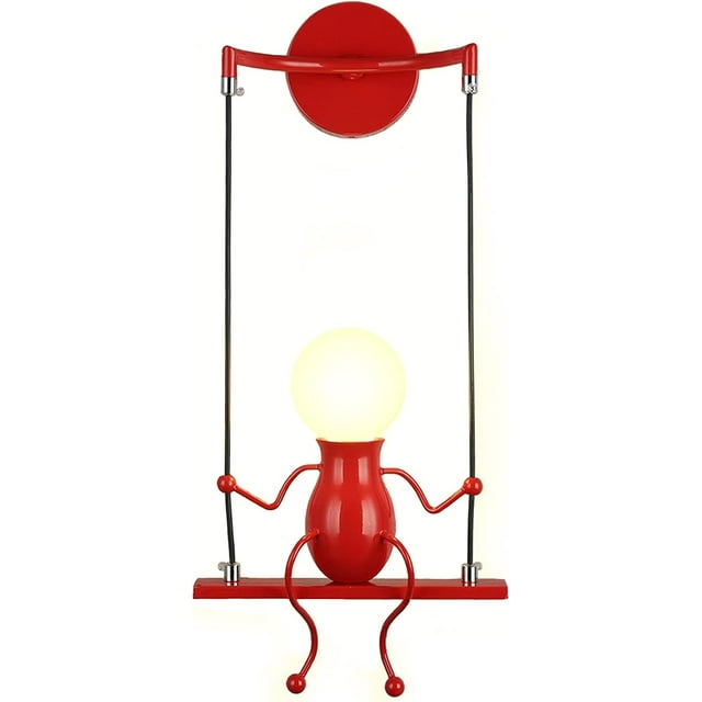 Appliques Murales Intérieures Créatives LED pour Chambre à Coucher Dessin Animé Petites Personnes Balançoire Lampe Murale Mini Poupée Réglable Appliques Murales Éclairage Décor Métal Lampes de Chevet Modernes 1xe26 (Noir