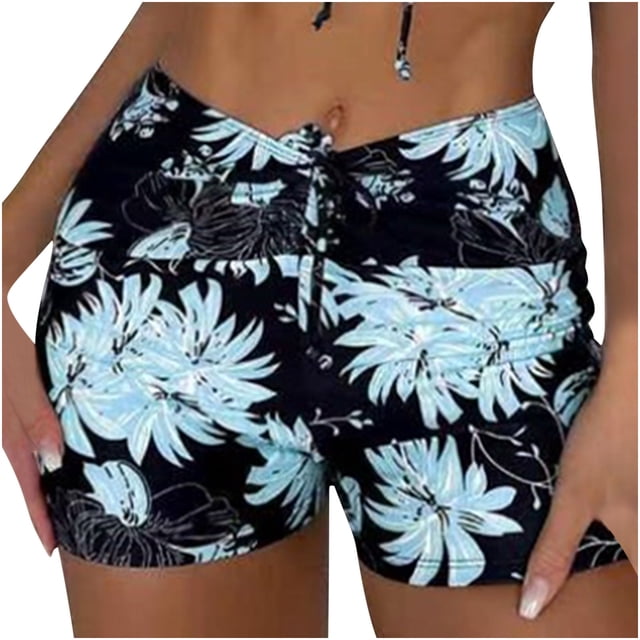Bañador tipo short de playa de cintura alta con cordón y estampado para mujer.