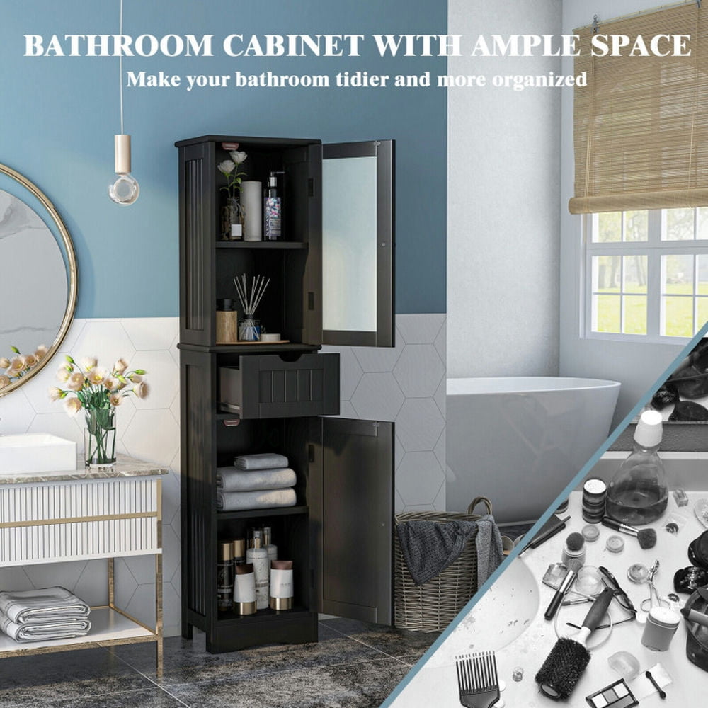 Finihen Bathroom Storage Cabinet, Bathroom Floor Cabinet, Tall Floor Storage Cabinet with 2 Doors and 1 Drawer for Bathroom, Living Room, Bedroom, Kitchen, Black Finihen Bathroom Storage Cabinet, Bathroom Floor Cabinet, Tall Floor Storage Cabinet with 2 Doors and 1 Drawer for Bathroom, Living Room, Bedroom, Kitchen, Black