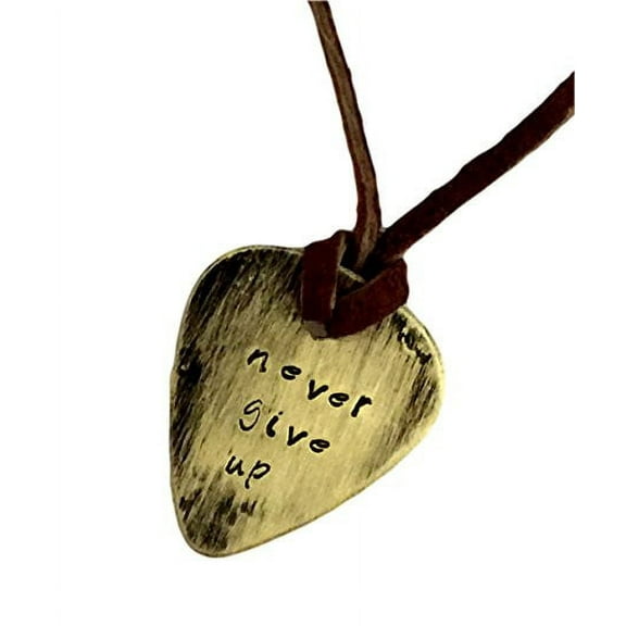 Guitar Pick Necklace - Never Give up - Hand Stamped Necklace Leather - BFF Gift
