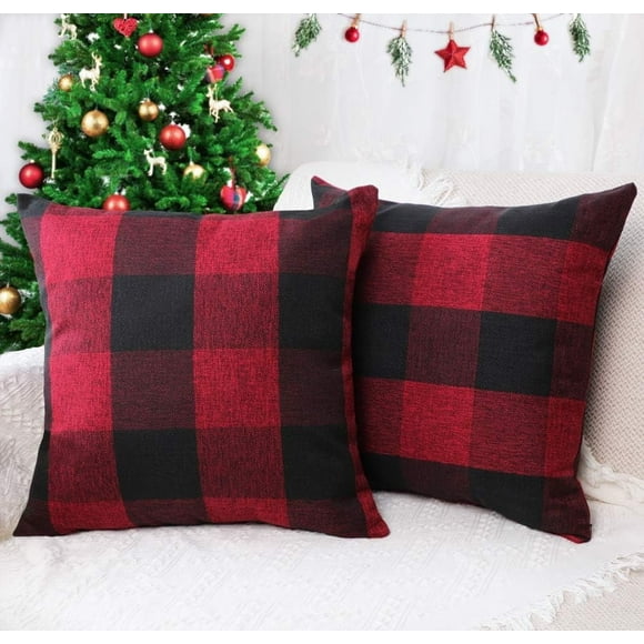 Ensemble de 2 Housses de Coussin à Carreaux Style Ferme en Polyester Lin pour Décoration de Noël Bourgogne et Noir, 18 x 18 Pouces