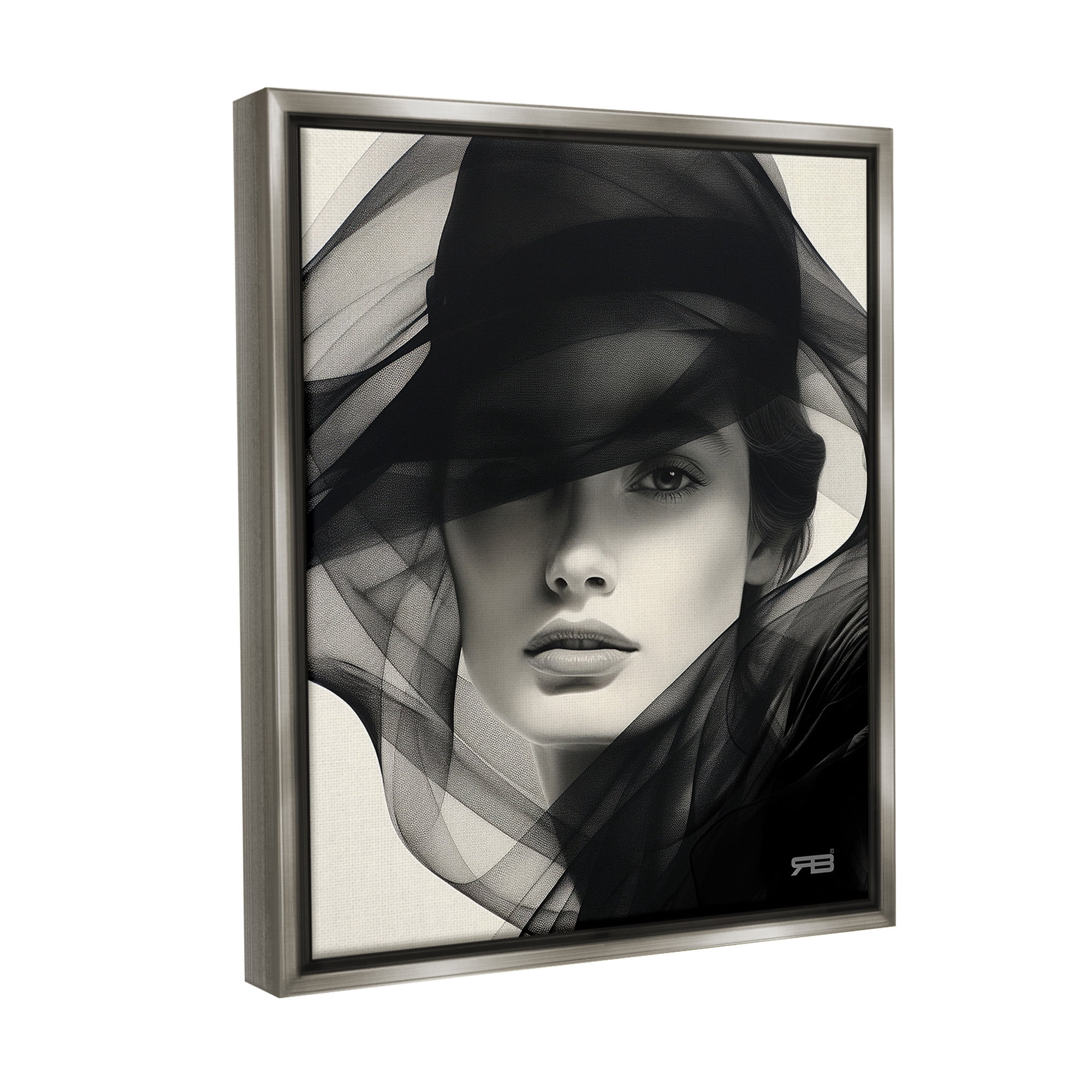 Stupell Industries Woman with Swirling Hat Beauty & Fashion Painting Gray Floater Framed Canvas Art Print Wall Art, 17 x 21