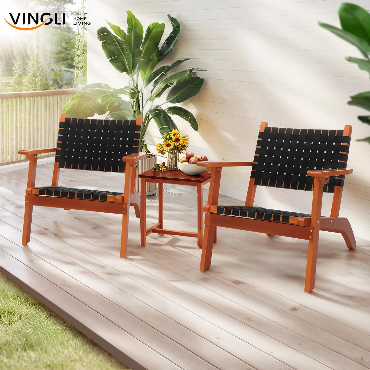 FeGemax Outdoor Armchair, All-Weather Wooden Patio Chair with Waterproof PE Woven Fabric, Adirondack Chair for Garden, Lawn and Poolside (1, Black and Brown)