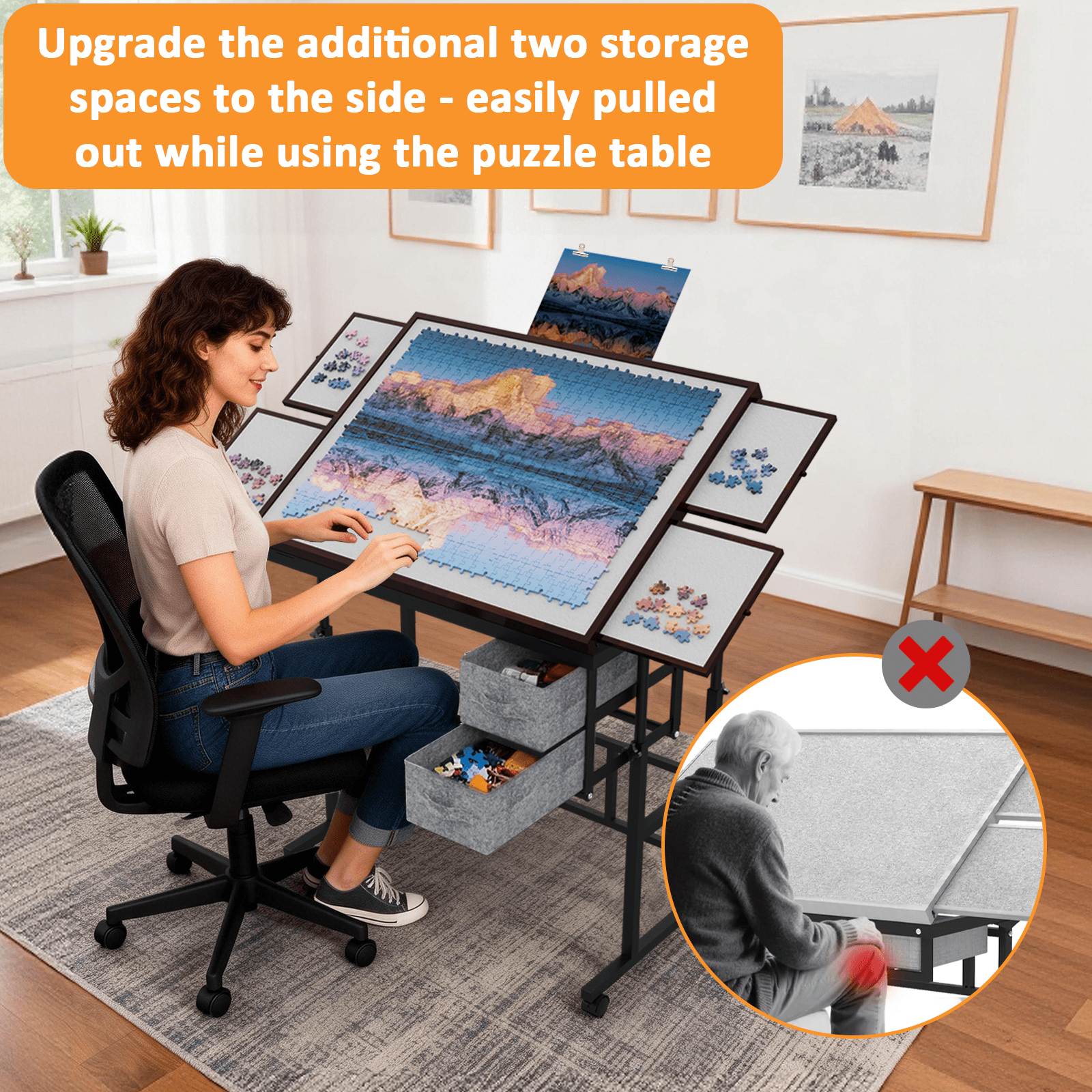 Jigsaw Puzzle Table with Legs and Wheels, Adjustable Height and Angles Puzzle Tables with 6 Drawers for Adults, with Protective Cover, 1500 Pieces, Coffee&Gray