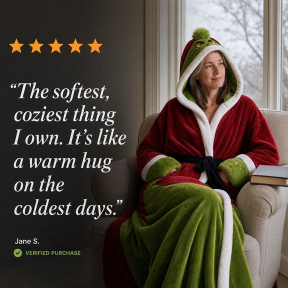 Christmas Green Monster Heated Wearable Blanket, Oversized Full-Length Hooded Blanket Robe with 3 Heating Panels, Christmas Lounge Blanket for Adults, 71-Inch Length (180cm)