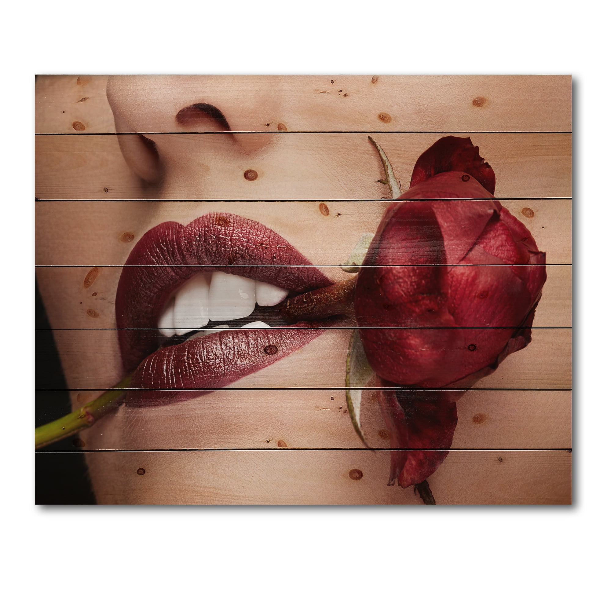 Designart 'Girl With Red Lipstick Holding A Rose In Mouth' Modern Print on Natural Pine Wood