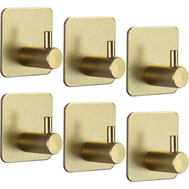 gancho de pared adhesivo, 6 piezas gancho de pared de acero inoxidable dorado 4.5*4.5 cm — seis ganchos cuadrados dorados autoadhesivos con perno cilíndrico frontal para colgar toallas, llaves o bolsas; también adecuados para organizar utensilios pequeños en cocina o cuarto de lavado.