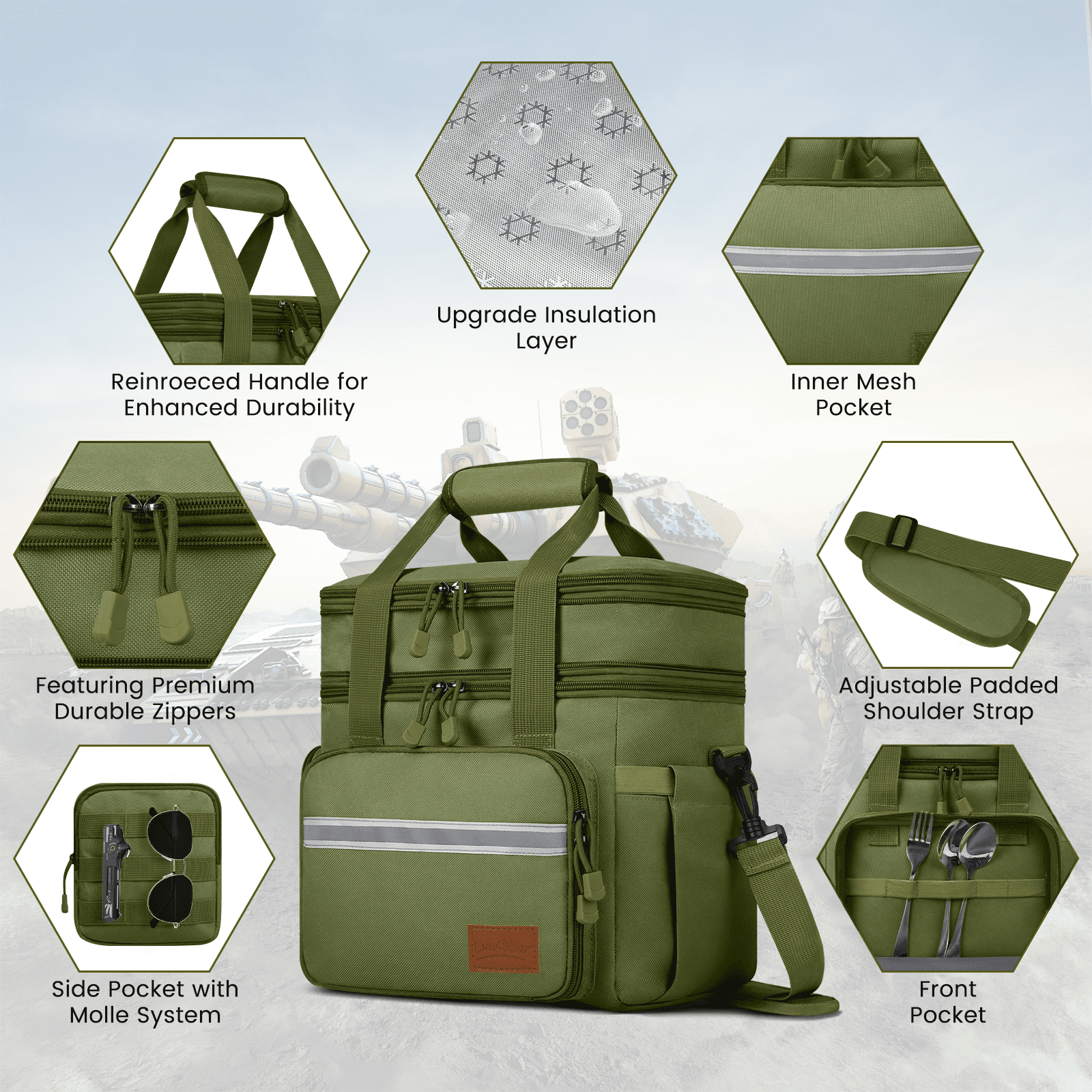Expandable Insulated Lunch Bag w/Leakproof Design - 24 Can Capacity, Double Deck Cooler Box with Adjustable Shoulder Strap & Side Pockets for Men & Women - Durable for Work, Travel, Outdoor, Green