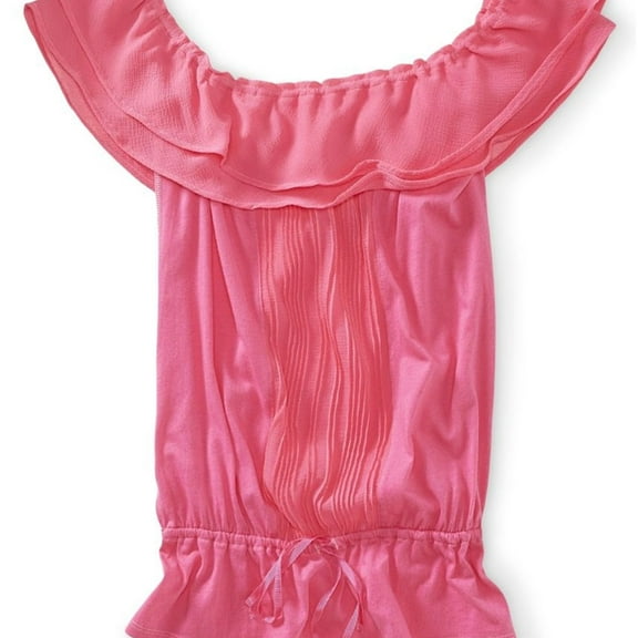 Aeropostale Womens Ruffled Ribbed Placket Sheer Dolman Blouse, Pink, Juniors, Large