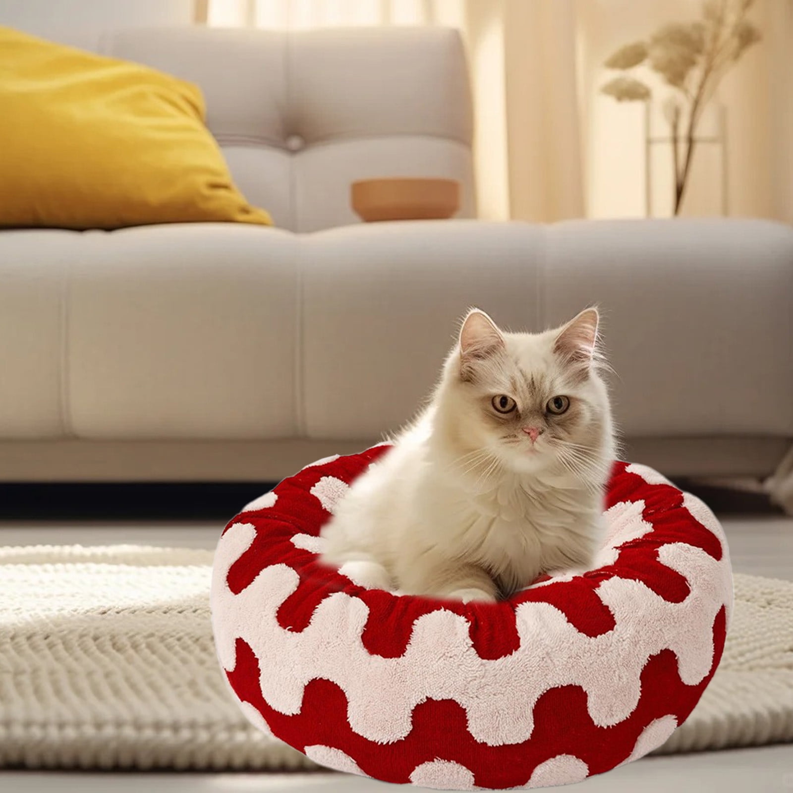 Donut Small Dog Bed - Round Cat Beds for Indoor Cats Calming Pet Beds, Cute Modern Beds with Jacquard Shaggy Plush & Anti Slip Bottom, 15.7 Inch Dia