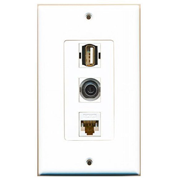RiteAV - 1 Port USB A-A and 1 Port 3.5mm and 1 Port Cat6 Ethernet White Decorative Wall Plate Decorative