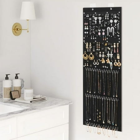 Lifewit Hanging Jewelry Organizer Storage Roll, Felt Stud Earring Display Holder with Sticky Hooks, 672 Earrings Holes, 3 Metal Hooks for 36 Necklaces, Jewelry Hanger on Door or Wall, 1 Pack, Black
