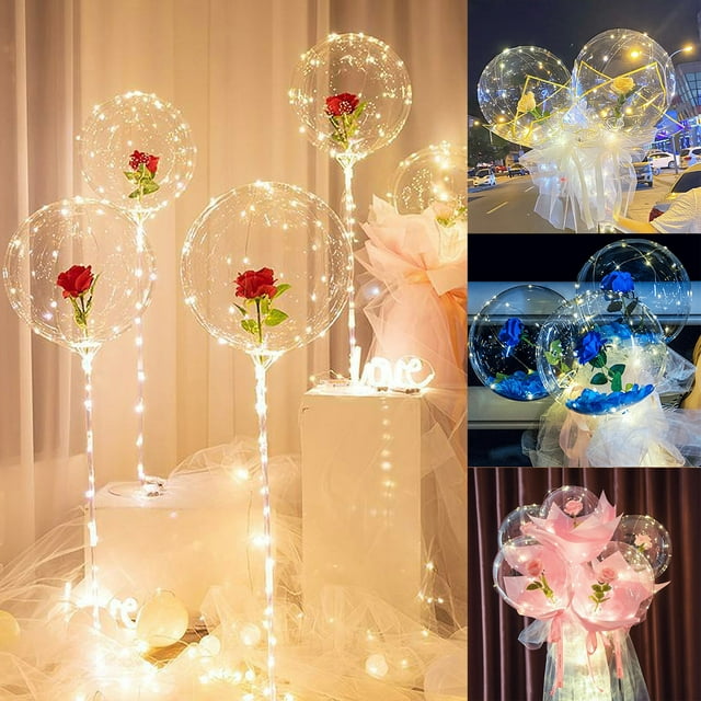 3 Pack LED Luminous Balloon Rose Bouquet 20 Inch Light Transparent Balloons with Rose Flower for Valentine's Day Wedding Anniversary Birthday Party Gift