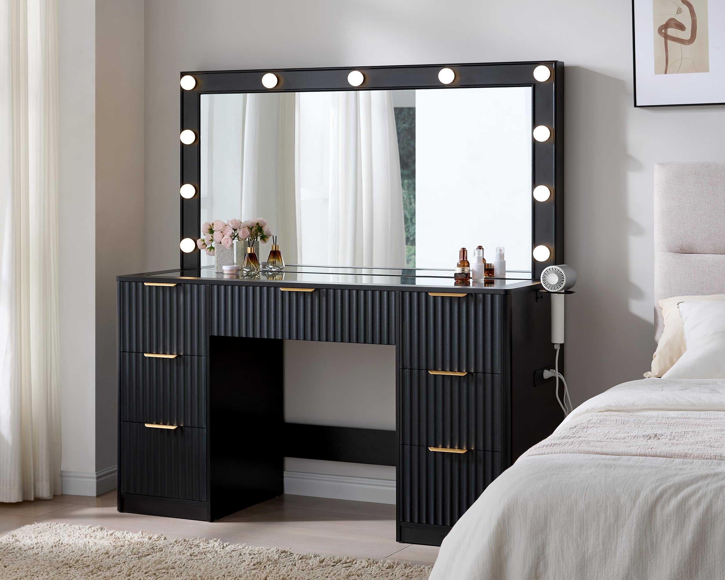 Merluxy 47.2" Girls Vanity Desk with Large Mirror and Adjustable LED Lights, 7 Drawers Makeup Table with Glass Top and Charging Station, Black