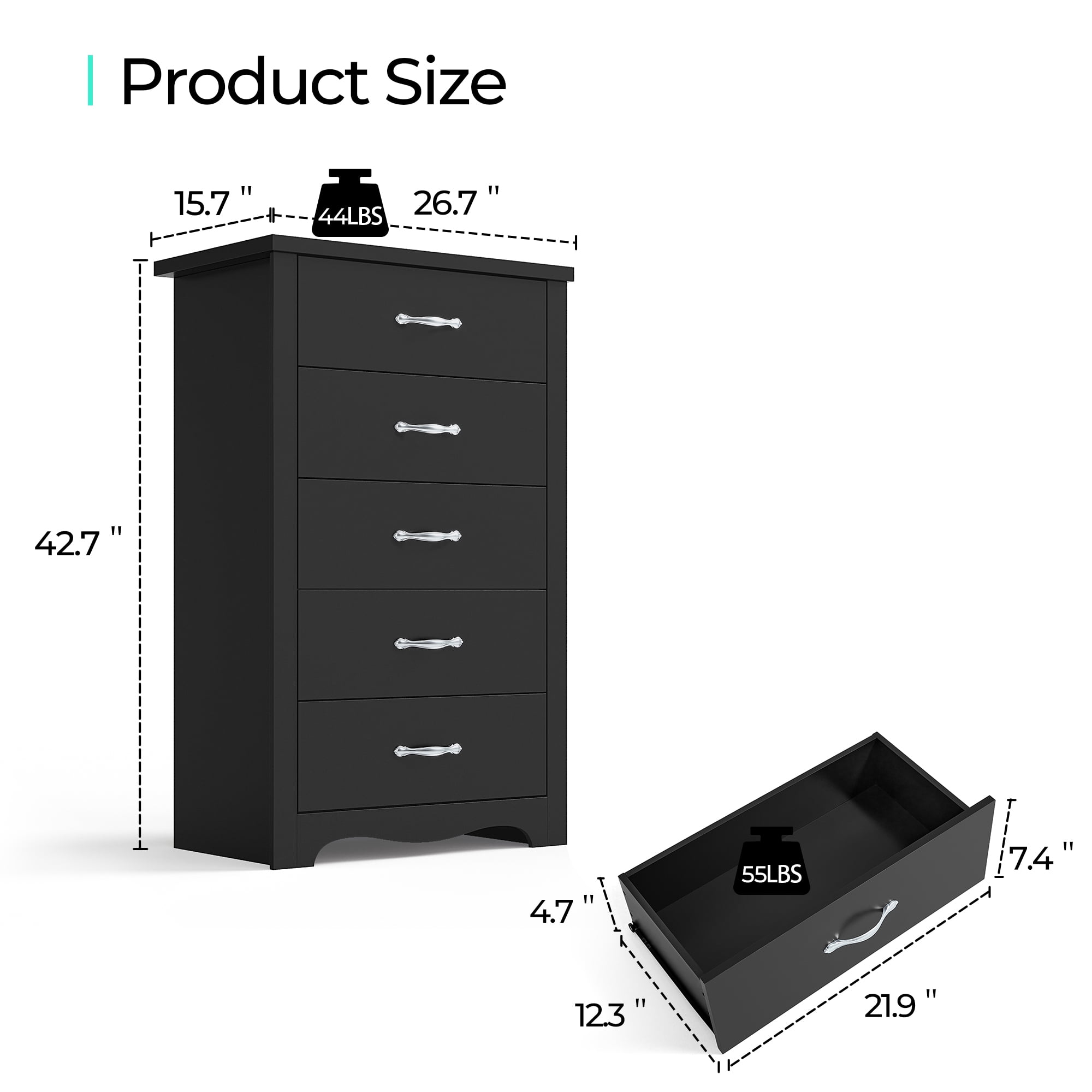 LINSY HOME Black Dressers,Chest of 5 Drawers - Walmart Business Supplies