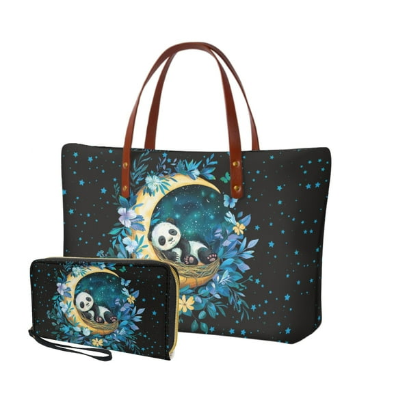 ZUXONGSY Floral Panda Moon Star Print PU Wallet and Tote Bag Set of 2 for Women Portable Top Handles Shoulder Bag Top Handle Tote Bag with Cash Wallet for Shopping Excursions Outings