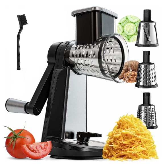 CHEFOLLA Multifuncional Cortador de Verduras, Mandolina Rallador de Verduras, 3 en 1 Rallador Rotativo de Queso con 3 Cuchillas de Acero Inoxidable, para Cocina, Ideal para Frutas, Nueces, y M&aac