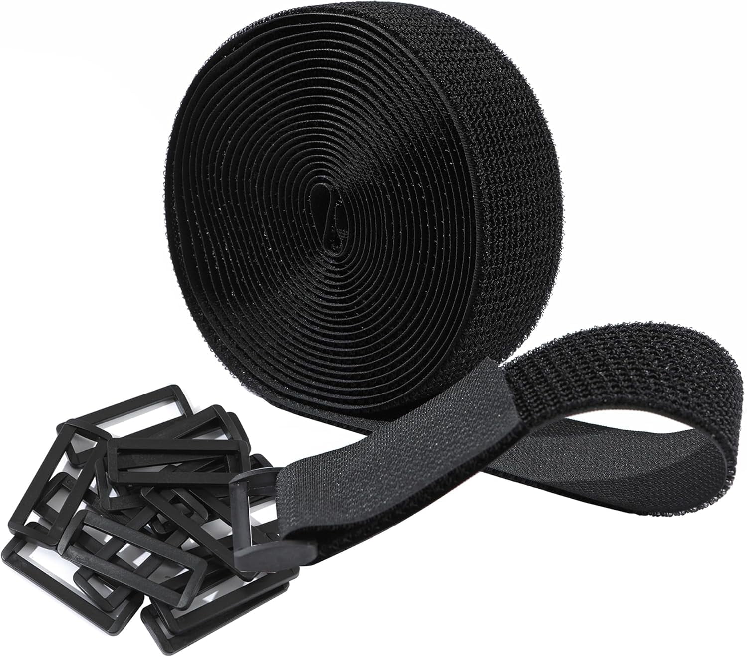 FEFEFW-2"x16ft Hook and Loop Cable Securing Straps with 15 Buckles, Free Cut Length | Adjustable | Reusable Fastening Cable Ties, 2 Inch Wide Cinch Strap for Wire, Cord Wraps, Cable Management- Black