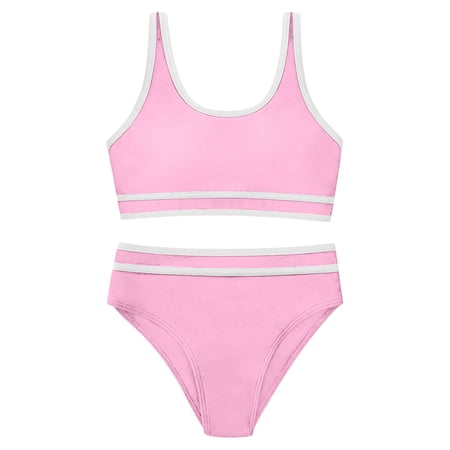 XAOFW Girl s Swimsuit Sets Solid Color Sleeveless Scoop Neck Tops And Bottom Tankini Swimsuits Two Piece Swimwear Swimming Training And Lessons Soft Breathable Beachwear