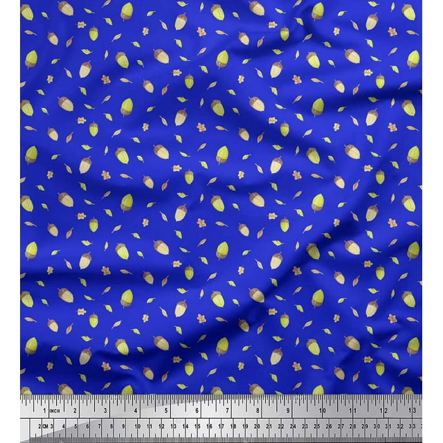 Soimoi Blue Heavy Canvas Fabric Oaknut & Oak Leaves Print Fabric by The Yard 58 Inch Wide
