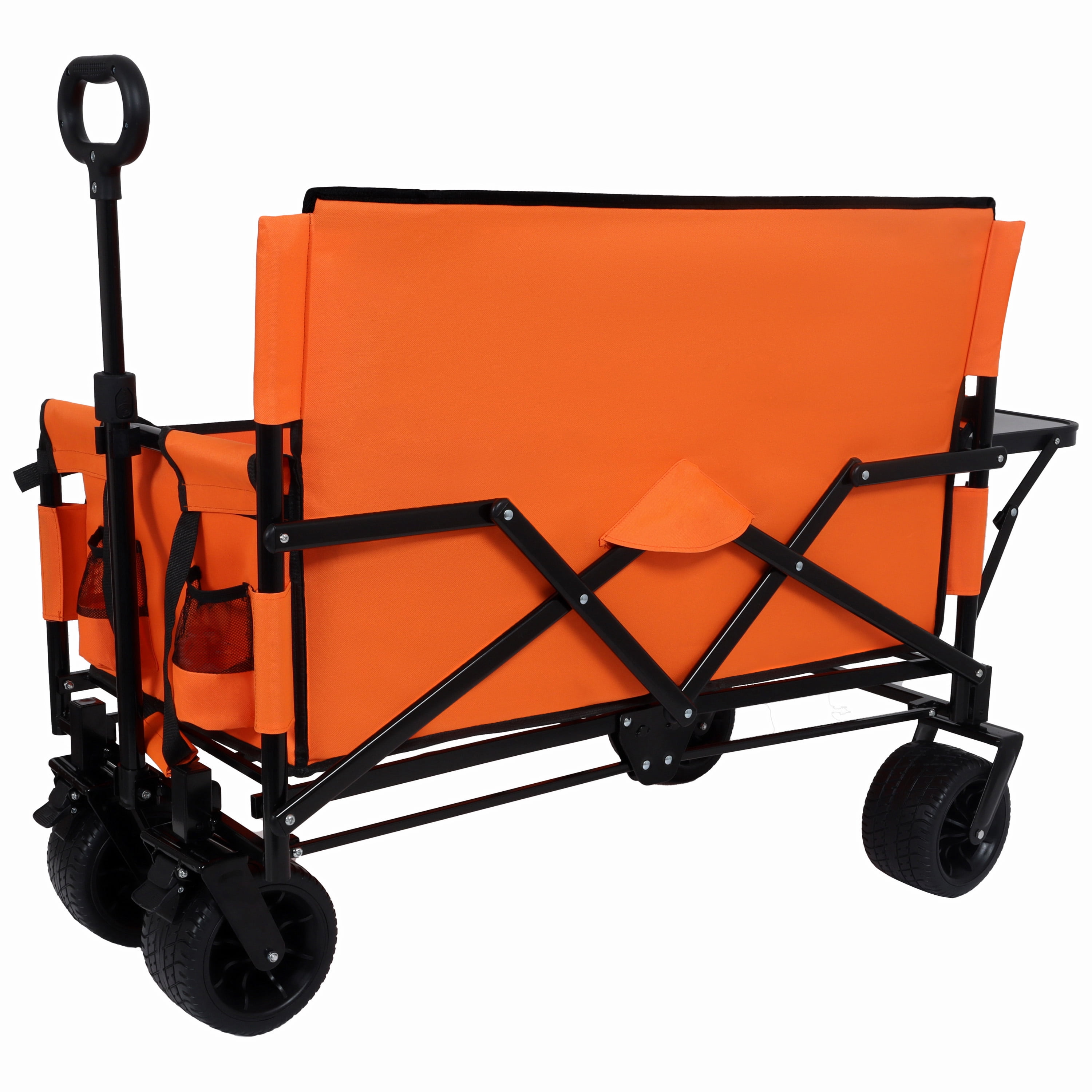 3-in-1 Convertible Folding Wagon Cart, Orange, 500lbs Heavy-Duty Utility Wagon with Bench Seat & Rear Folding Tabletop, 180L Capacity All-Terrain Wheels for Outdoor Use