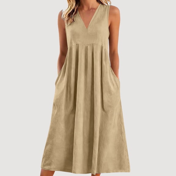 Ynynloco Women Summer Casual Dresses Sleeveless Midi Pleated Tank Sundress V Neck A Line Swing Tshirt Dress with Pockets