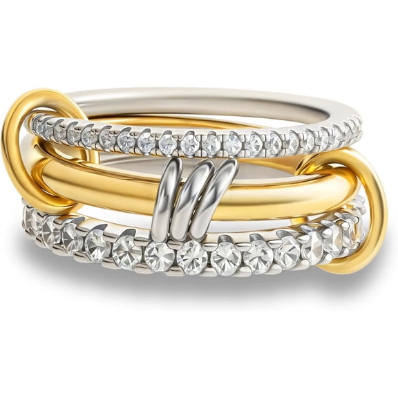 CUKIXA Gold Stackable Rings for Women Non Tarnish, 18k Gold Plated Cubic Zirconia Rings, Silver Gold Multi Ring Mixed Metals Stack Rings Set-8#