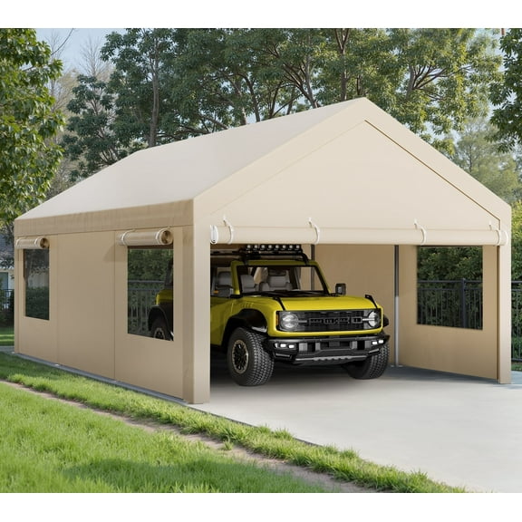 Walsunny 12x20 ft Carport with 4 Sandbags Heavy Duty Canopy with Roll-up Windows Portable Garage with Removable Sidewalls & Doors Car Canopy Khaki