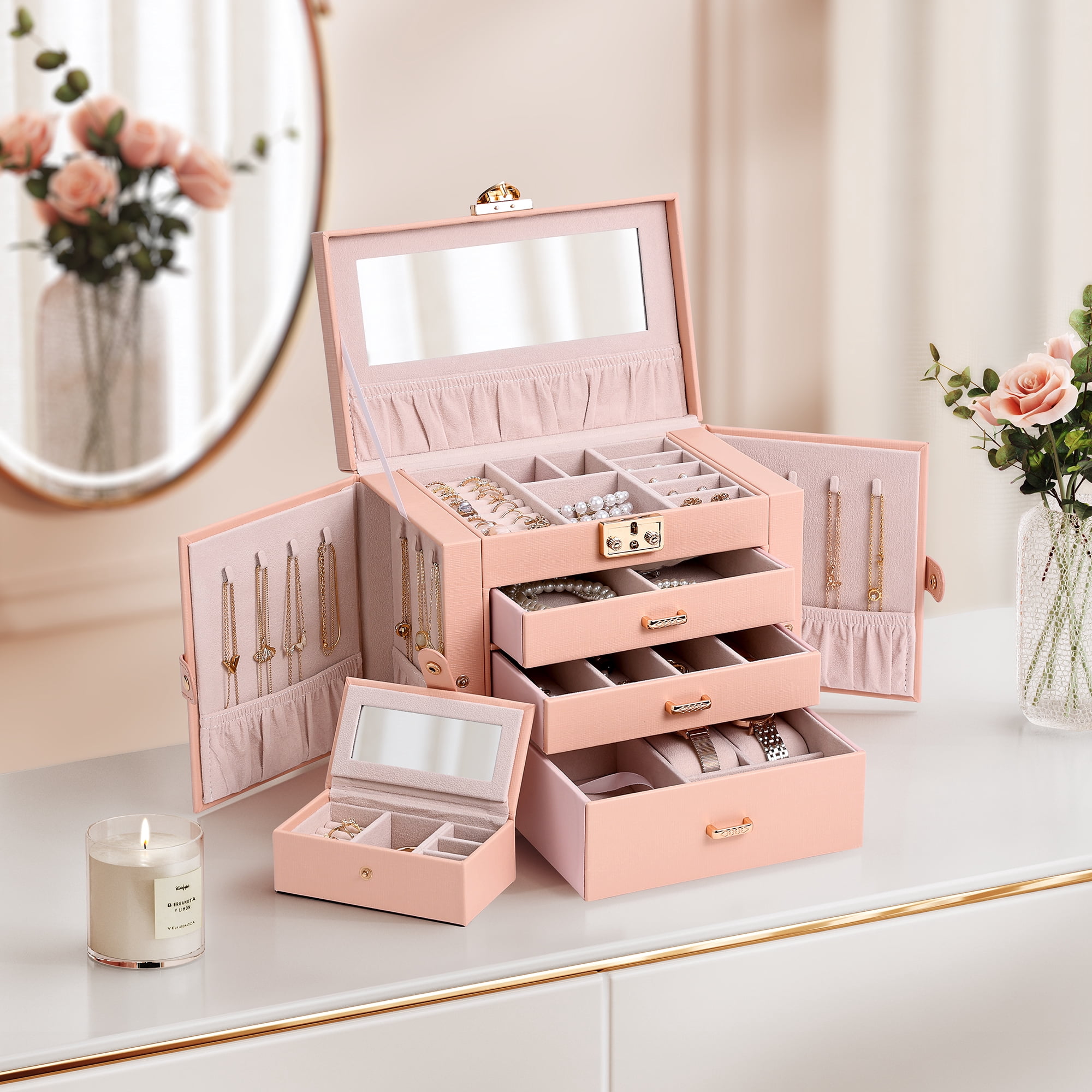 Casegrace 4-Tier Huge Jewelry Organizer with Small Jewelry Case, Built-in Large Mirror Case, 2 Side-door Necklace Display Holder, 3 Drawers Storage Jewelry Box for Earrings, Rings, Bracelets, Watches
