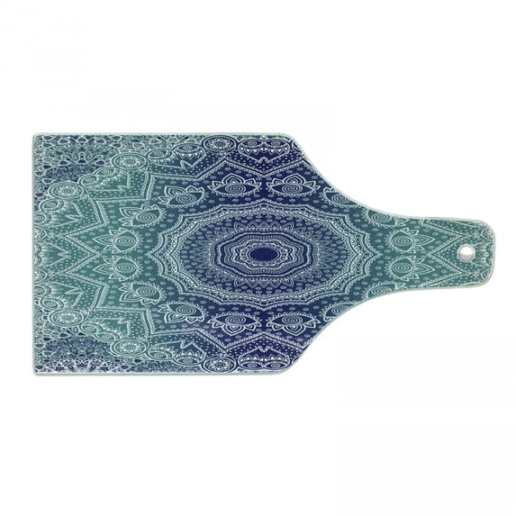 Navy and Teal Cutting Board, Cosmic Diagram Art Mandala Circle Ombre Art Illustration, Decorative Tempered Glass Cutting and Serving Board, Wine Bottle Shape, Dark Blue Teal, by Ambesonne