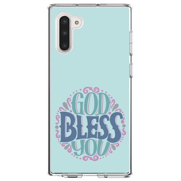 DistinctInk Clear Shockproof Hybrid Case for Samsung Galaxy Note 10 (6.3" Screen) - TPU Bumper, Acrylic Back, Tempered Glass Screen Protector - God Bless You - Circle Floral