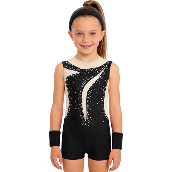 SiiRoh Girls Gymnastic Dance Leotard Outfits Tumbling Skating Bodysuit with Shorts Scrunchie Wristbands Training Set A Black 14