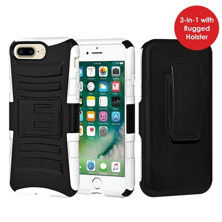 iPhone 7 Plus Case Tempered Glass Combo Kit, Rugged TUFF Hybrid Dual Layer Hard Defender Case with Belt Clip Holster and Premium Protective Shockproof Screen Guard for iPhone 7 Plus, Black/ White