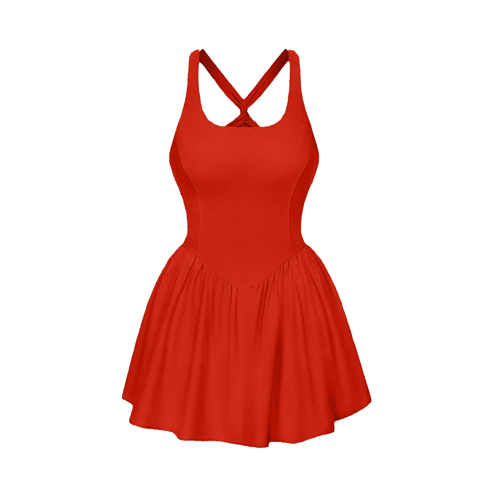 CUZIBR Women Tennis Dresses With Shorts High Waist Sleeveless Fit And Flare Square Neck Pleated Breathable Soft Casual Workout Athletic Romper Dress,Red,S