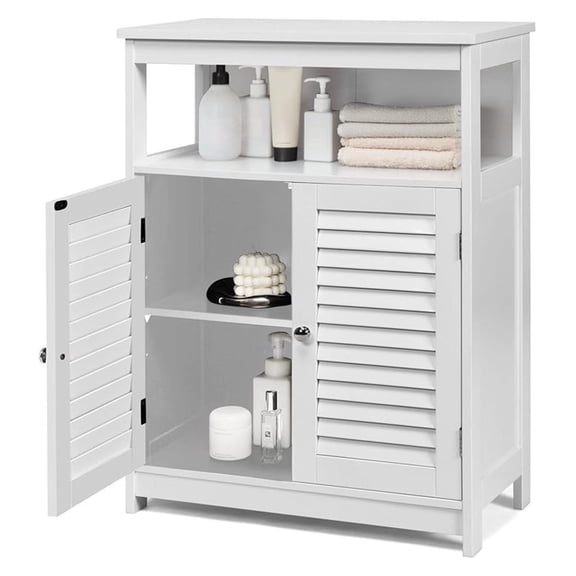 Bathroom Storage Cabinet, Wooden Side Storage Organizer with Louver Doors & Removable Shelf, Freestanding Floor Cabinet for Living Room, Kitchen, Entryway (White)