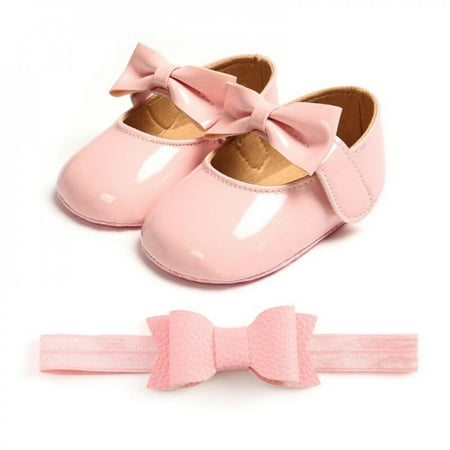 KOOYET Kids Girl Bowknot Shoes PU Leather Buckle First Walkers with Bow Red Black Pink White Soft Soled Non-slip Headband Two-piece Set