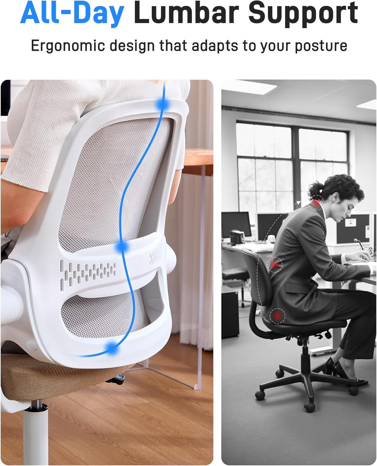 Ergonomic Mesh Office Chair for Home Office, Flip-Up Arms, Breathable Mesh Back & Thick Seat Cushion, Swivel Rolling Computer Desk Chair, Supports 300 lbs (White Frame/Beige Seat)