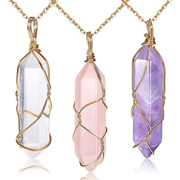 Collares de cristal de 3 piezas, colgante de cuarzo, collar de cristal curativo energético, colgante de piedras preciosas hexagonales naturales para mujeres y niñas