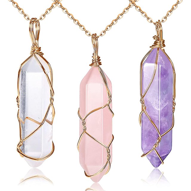 Collares de cristal de 3 piezas, colgante de cuarzo, collar de cristal curativo energético, colgante de piedras preciosas hexagonales naturales para mujeres y niñas