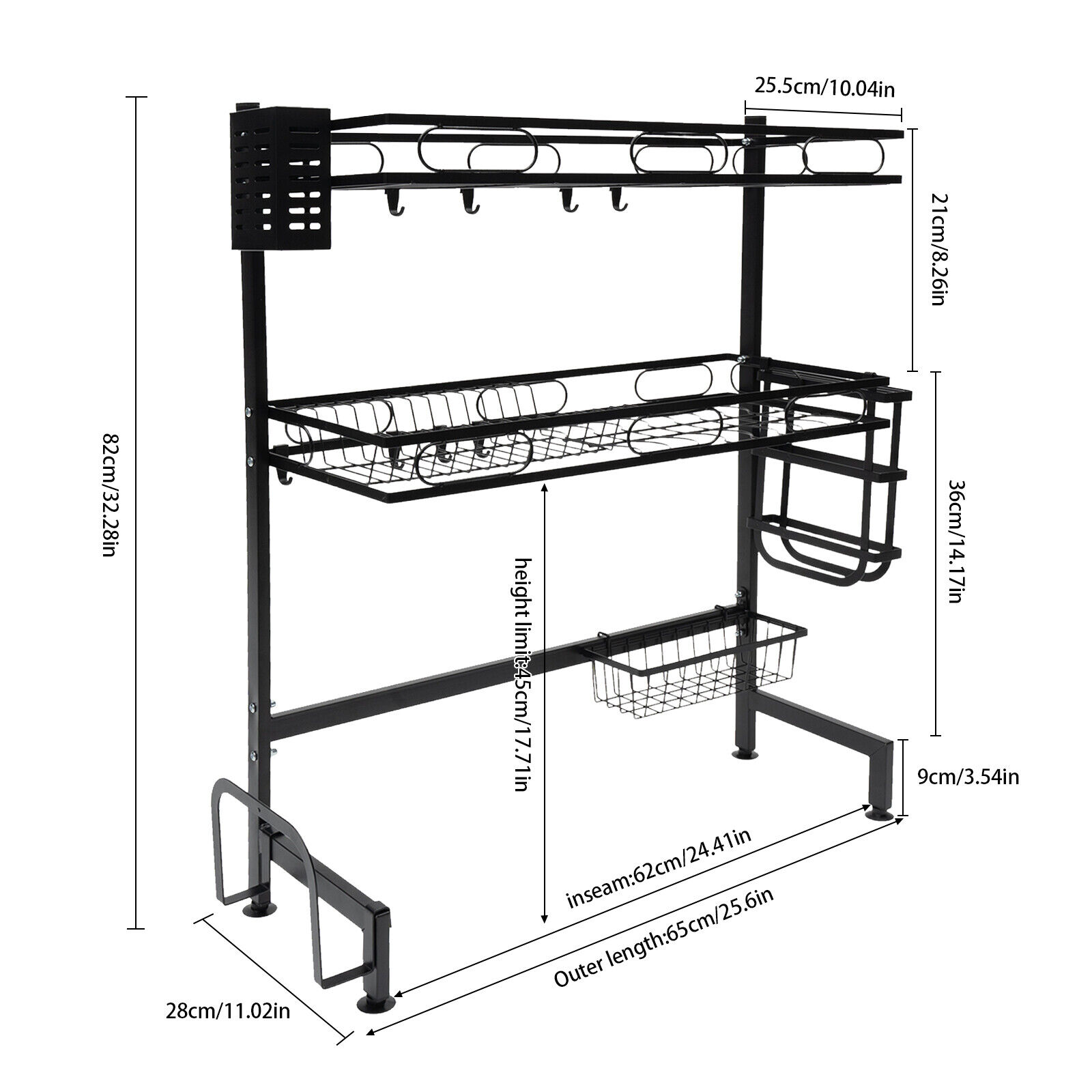 2-Tiers Over-The-Sink Dish Drying Rack Adjustable Large 24.4'' Kitchen Large Drainage Rack Over Sink Kitchen Countertop Dish Drying Sotrage Rack Black