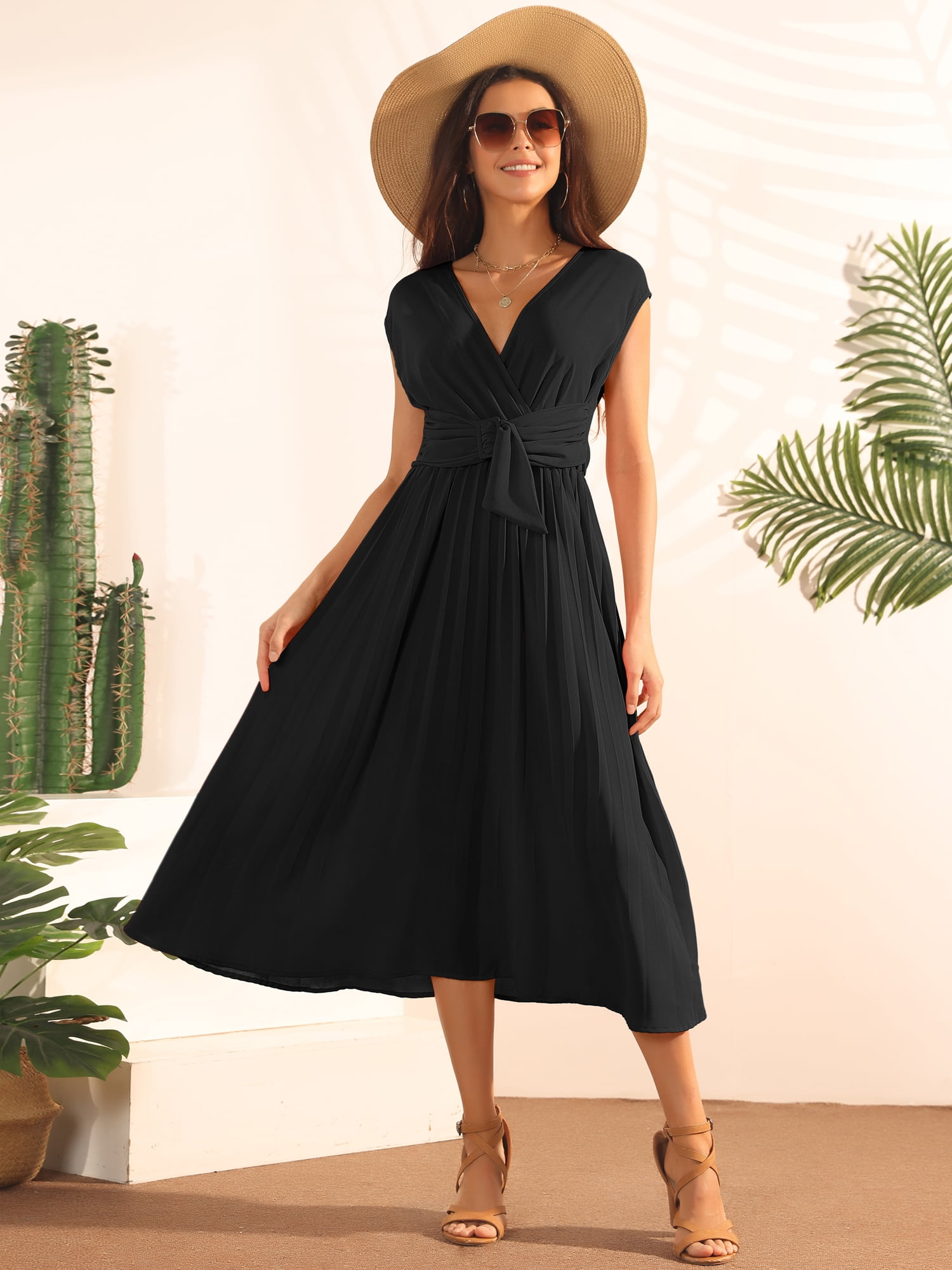 DARING DIVA Women Casual Sleeveless Wrap V Neck Midi Dress S Black