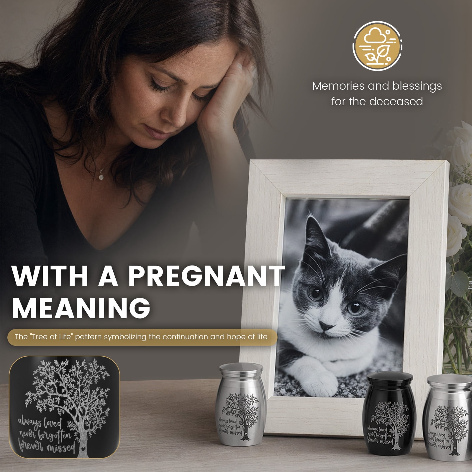 4pack Mini Cremation Urn Aluminum Memorial Keepsake with Tree of Life Design Small Funeral Urn for Human or Pet Ash Gift for Pet Lover (Silver+Black)