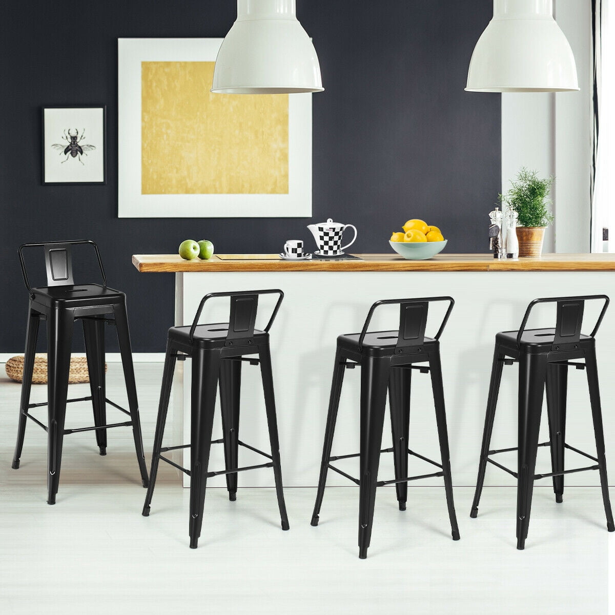Set of 4 Metal Bar Stools 30'' Bar Height Barstools Industrial w/ Low Back Black