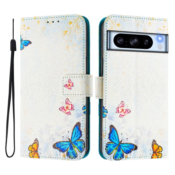 Compatible for Google Pixel 8 Pro Wallet Case, Painting Pattern Premium PU Leather [Credit Card Holder] [Wrist Strap] Flip Stand Feature Purse Case Full Protective Pattern Cover, Blue Butterfly