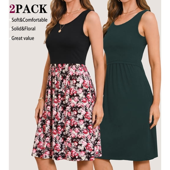 Bearsland Women’s Sleeveless Maternity Nursing Dress Breastfeeding Pregnancy Clothes With Pockets 2-Pack