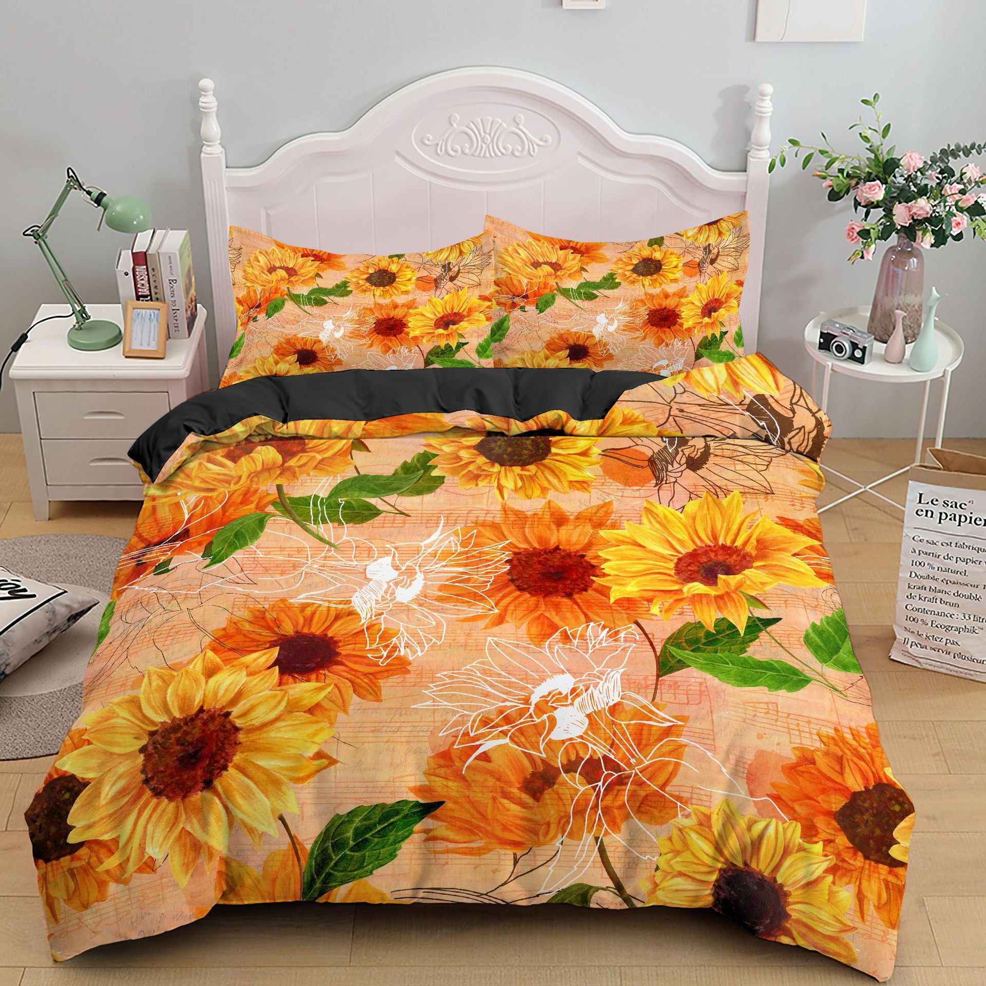 NTBED Black Sunflowers Comforter Set Yellow Floral Botanical 3-Pieces  Microfiber Bedding Quilt for Boys Girls Teens (Black, 
